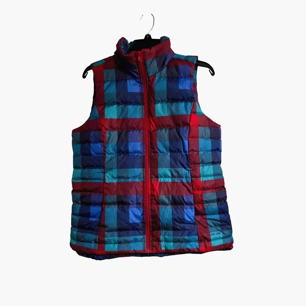 Lands End Womens Down Fill Puffer‎ Vest Rainbow Plaid Jacket Full Zip Size S